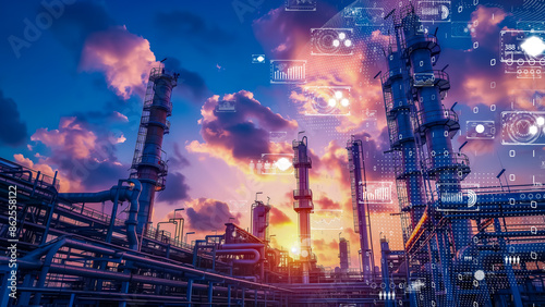 Modern petrochemical plant with digital technology overlays, industry 4.0 concept.