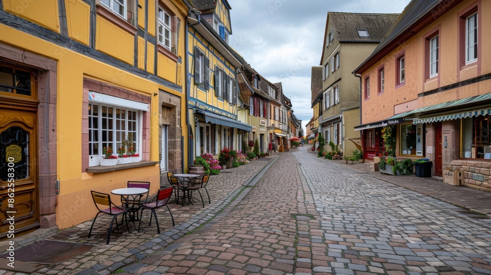 Fototapeta premium Capture the charm of a quaint European village square, with cobblestone streets, outdoor cafes, and historic architecture.