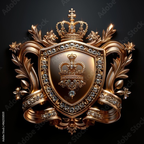 Luxurious Golden Royal Crest with Crown and Jewels on Black Background, Symbol of Prestige and Elegance