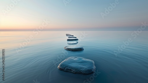A tranquil scene featuring a path of stepping stones leading over a still body of water at dusk.
