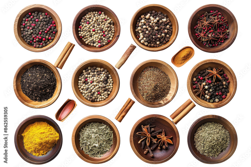Various Spices In Wooden Bowls And Spoons