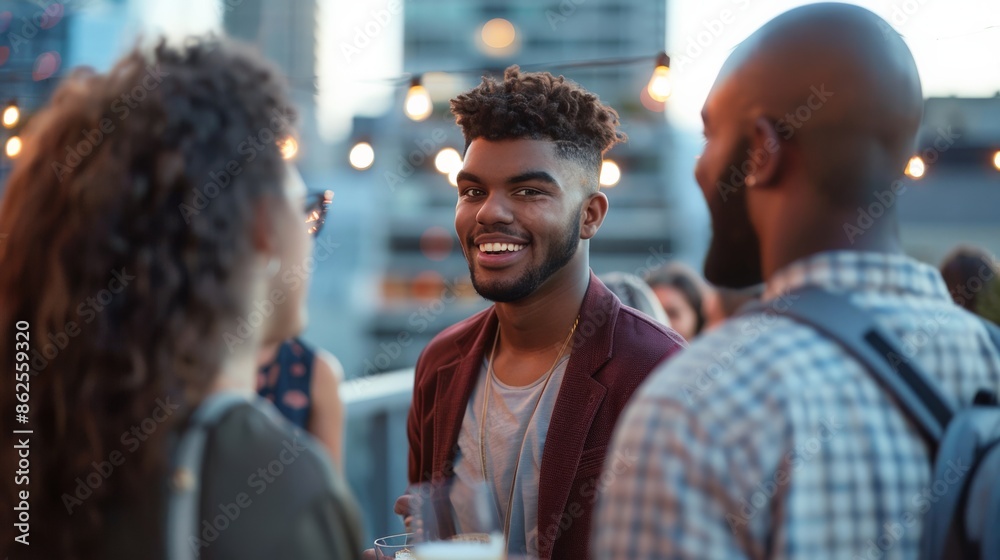 Obraz premium Young professionals networking at a trendy rooftop event