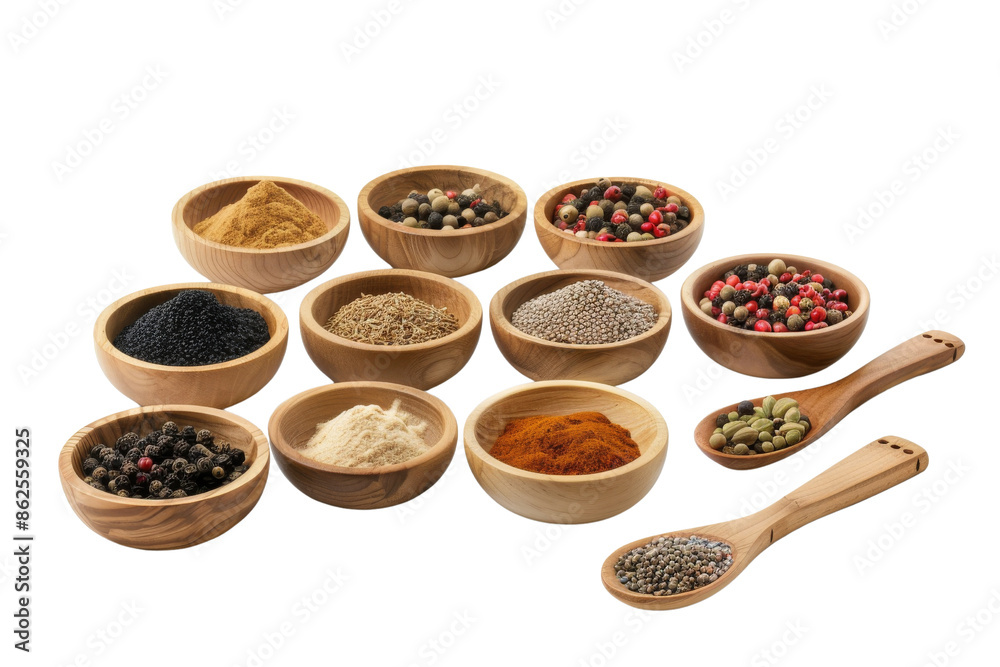 Assortment of Spices in Wooden Bowls and Spoons Assortment of Spices in Wooden Bowls and Spoons