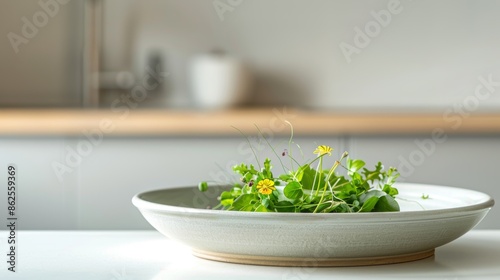 Gourmet salad featuring microgreens and edible flowers arranged artistically on a modern ceramic plate