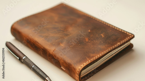 Brown leather notebook with a pen on a light background
