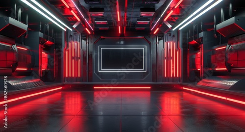Futuristic Red And Blue Neon Lit Hallway With Screen