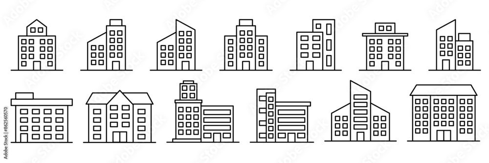 Building icon set in line black flat house, office, bank, school, hotel, shop, university, city, real estate and hospital symbol. Building icon set in line black flat house, office, bank, school, hotel, shop, university, city, real estate and hospital symbol.