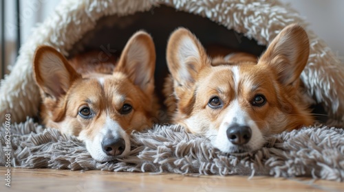 Gorgeous Welsh corgi dogs relaxing at home on a plush rug and in a comfortable pet house © LukaszDesign