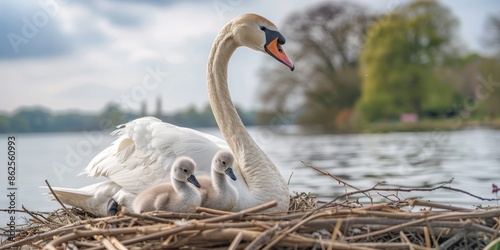 A swan and a cygnet are perched on a sizable nest on the lake