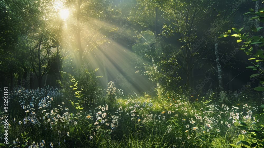 Obraz premium Summer forest scenery with warm light illumining the foliage.