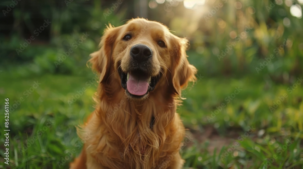 A happy-looking golden retriever dog sitting on the verdant lawn in the morning A happy-looking golden retriever dog sitting on the verdant lawn in the morning