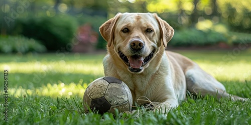 Content yellow lab eager to play on the grass, holding a damaged soccer ball at his feet.