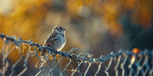 This image was captured in San Francisco, California, on May 11, 2024, showing a little bird perched on a soccer goal. photo