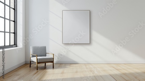 Capture the elegance of negative space in a modern interior setting, featuring a single piece of contemporary art