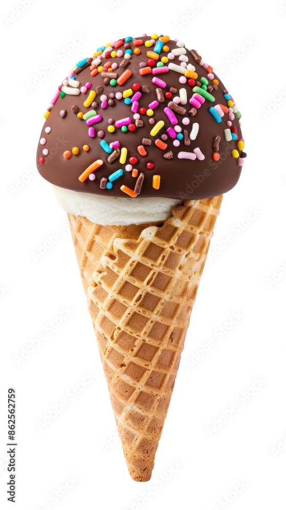 A single scoop of vanilla ice cream topped with chocolate and sprinkles in a waffle cone., white background, transparent background, PNG A single scoop of vanilla ice cream topped with chocolate and sprinkles in a waffle cone., white background, transparent background, PNG