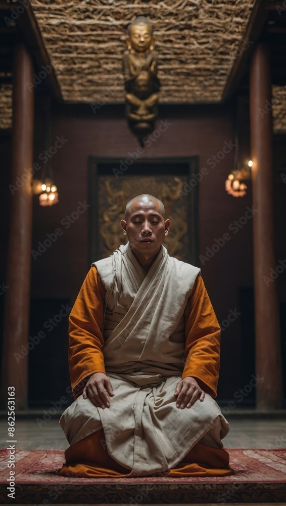Naklejka premium A Tibetan monk meditating. Peace and harmony radiate around him. Nirvana.