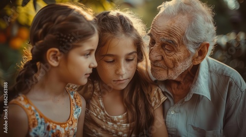 An intergenerational family bonding moment, grandparents imparting life lessons and wisdom to attentive grandchildren