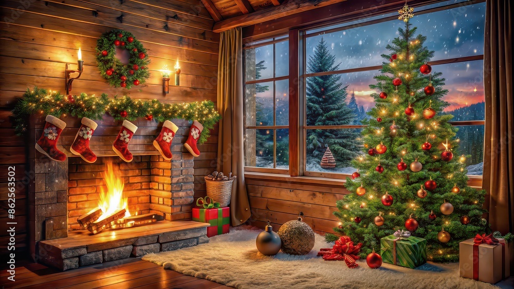 Cozy Christmas cabin with decorated tree Cozy Christmas cabin with decorated tree