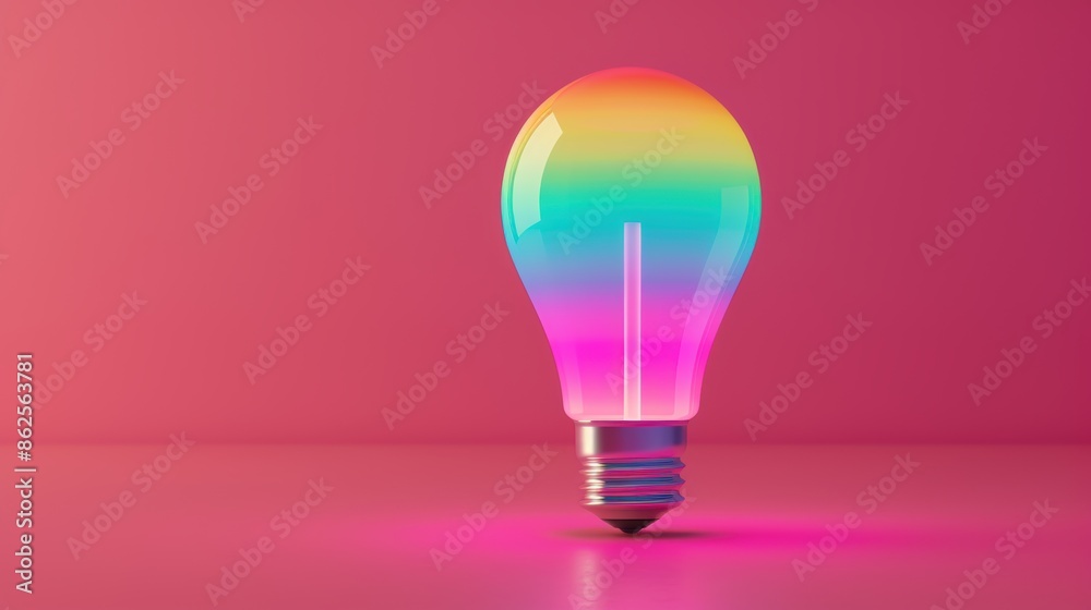 A simple yet powerful image of a lightbulb glowing in rainbow colors, symbolizing creativity and inspiration. The minimalist design with a plain background provides ample copy space for customization.