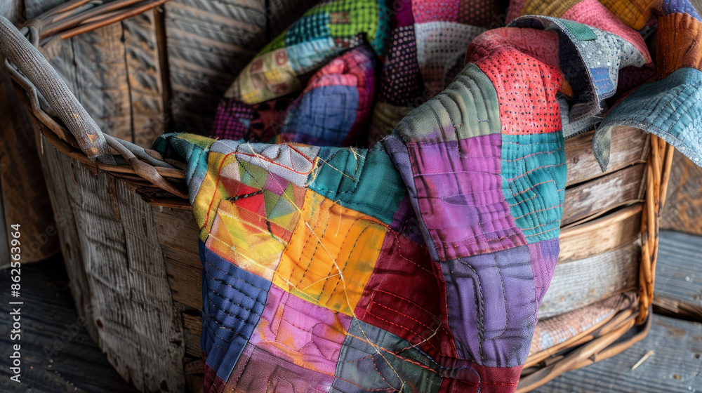 Brightly colored squares, pieced together into a quilt, rest in a rustic wooden basket. Brightly colored squares, pieced together into a quilt, rest in a rustic wooden basket.