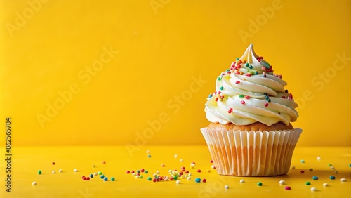 Birthday cupcake with sprinkles on a bright yellow background, birthday, cupcake, celebration, dessert, party, confetti