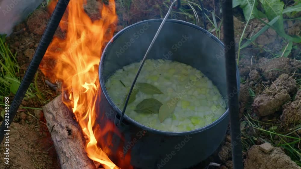 Man hands adding bay leaves into cauldron on fire with chopped onion inside Man hands adding bay leaves into cauldron on fire with chopped onion inside