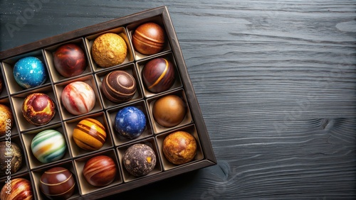 Chocolate pieces shaped like planets inside a box , chocolate, planets, box, galaxy, sweets, gourmet, delicious © Sujid