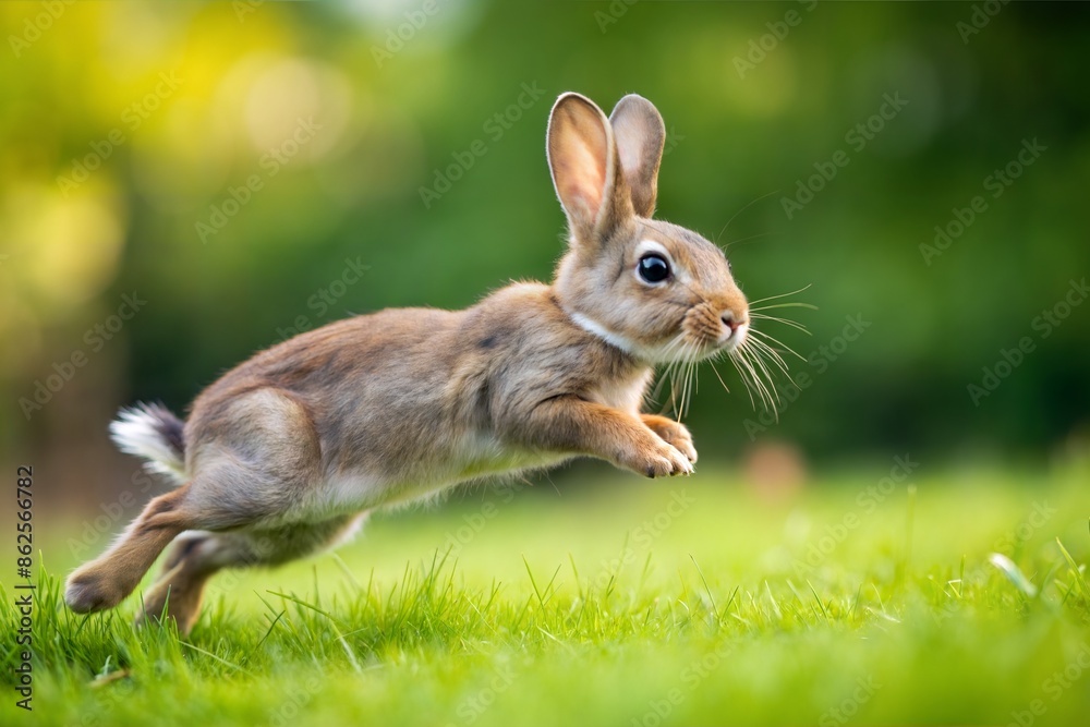 Fototapeta premium A bunny hopping and running on grass, symbolizing agility and playfulness. 