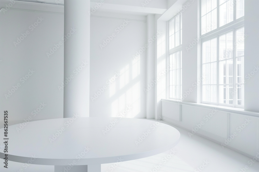 Fototapeta premium Round white table in a room with white walls