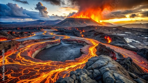 Vibrant, intricately layered volcanic crust exposes majestic magma chamber, fissures, and ancient lava flows in a breathtaking geological spectacle. photo