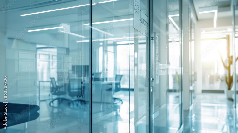 a modern office hallway with a conference room visible through a glass wall.