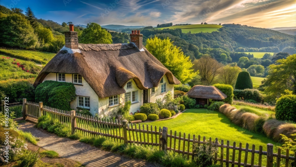Rustic countryside cottage with thatched roof and white picket fence ...