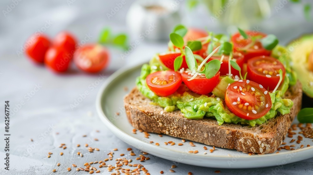Capture the simplicity of avocado toast topped with cherry tomatoes, microgreens, and a sprinkle of flax seeds Capture the simplicity of avocado toast topped with cherry tomatoes, microgreens, and a sprinkle of flax seeds