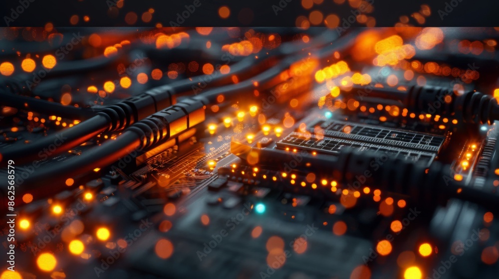 a computer chip with orange and yellow lights. The background is black. The image is very detailed and looks like a photograph. a computer chip with orange and yellow lights. The background is black. The image is very detailed and looks like a photograph.