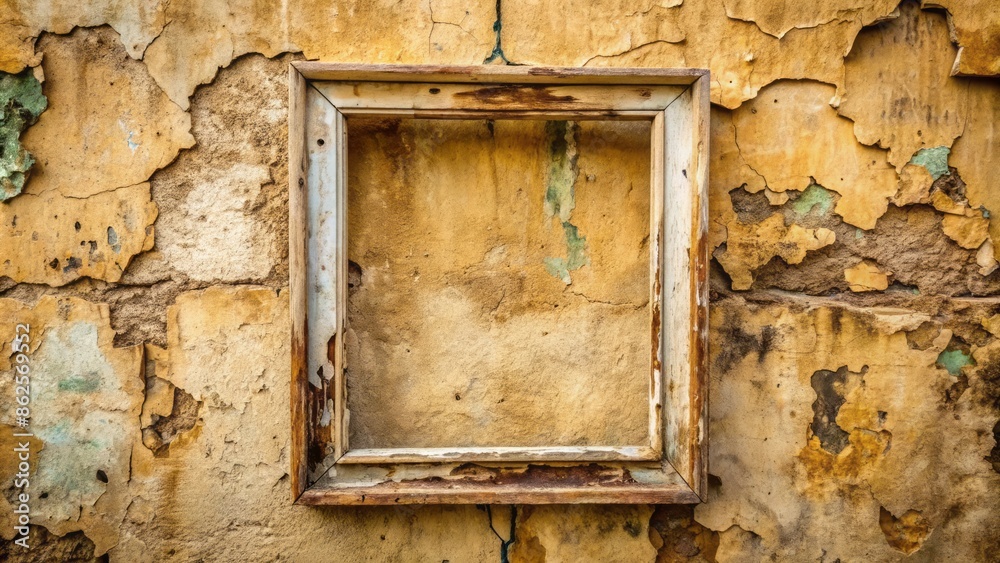 A dilapidated, worn, old, wooden frame, devoid of artwork, hangs crookedly on a weathered, cream-colored, cracked, and peeling wall background. A dilapidated, worn, old, wooden frame, devoid of artwork, hangs crookedly on a weathered, cream-colored, cracked, and peeling wall background.
