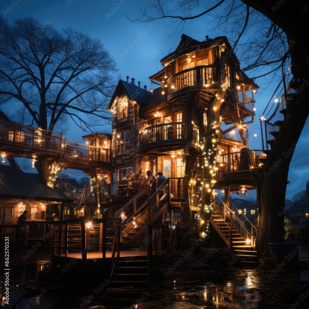 Obraz premium Enchanting Treehouse Illuminated at Night in a Cozy Backyard