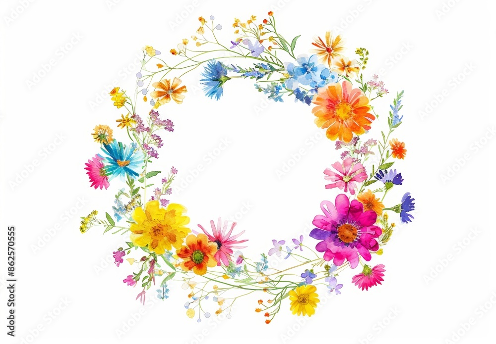 Wildflowers and leaves in a round frame, wedding illustration or greeting card Wildflowers and leaves in a round frame, wedding illustration or greeting card
