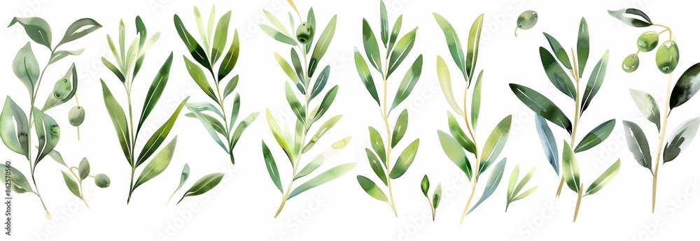 Fototapeta premium Decorative beauty elegant illustration collection with greenery leaves in watercolor style isolated on white.