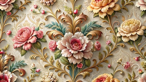 Elegant 3D illustration of classic floral patterns on a sophisticated wallpaper for upscale home interior decorations and backgrounds.
