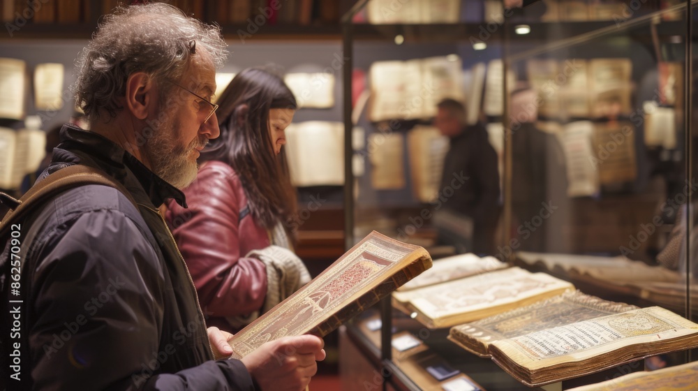Visitors examining a display of medieval manuscripts in a museum Visitors examining a display of medieval manuscripts in a museum