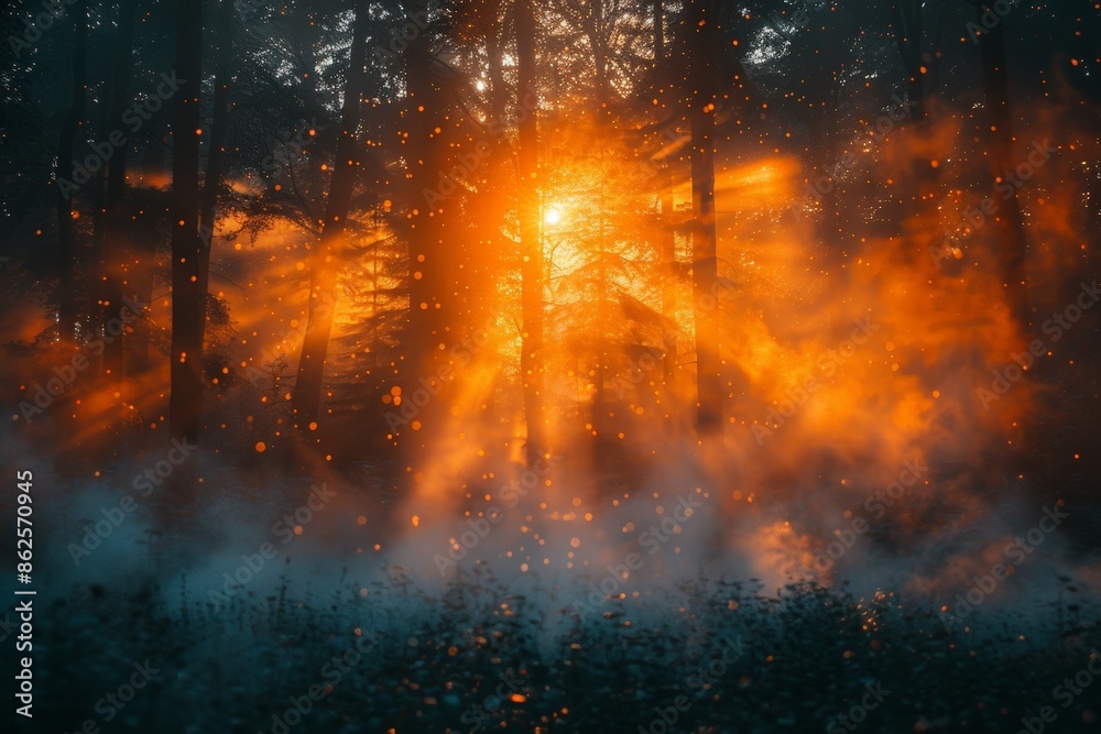 Fototapeta premium Sunlight beams filter through the dense forest, illuminating the mist and creating a magical atmosphere with sparkling particles floating in the air among towering trees.