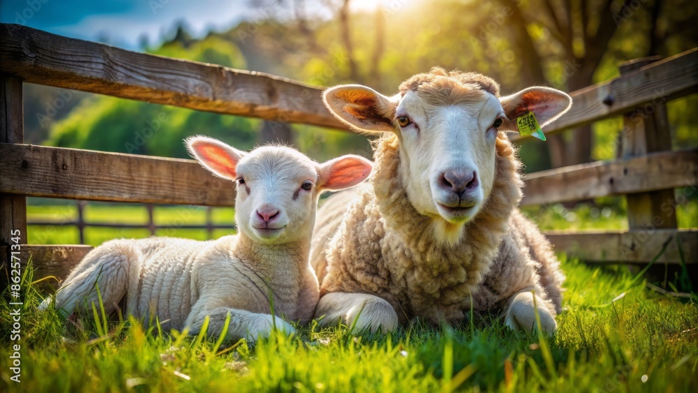Fototapeta premium Adorable lamb nestles close to mother sheep in lush green meadow surrounded by wooden fencing on sunny afternoon landscape.