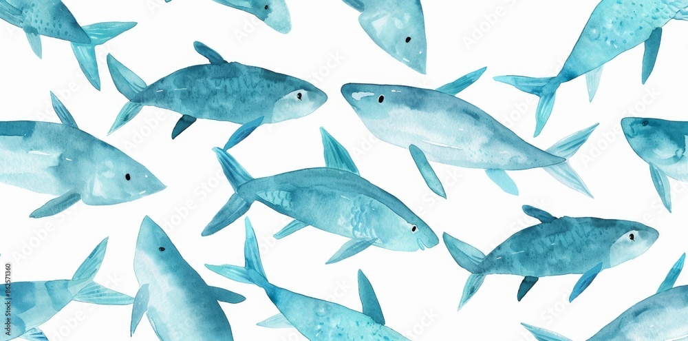 This seamless pattern features a shoal of fish on an isolated background. A hand drawn watercolor illustration with wavy lines. A sea border for an ornament or banner in blue colors. An undersea This seamless pattern features a shoal of fish on an isolated background. A hand drawn watercolor illustration with wavy lines. A sea border for an ornament or banner in blue colors. An undersea