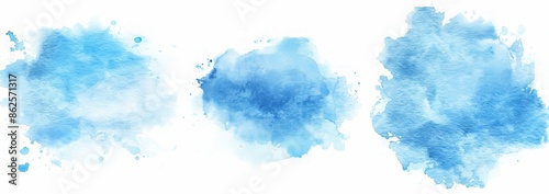 The picture features a blue watercolor cloud pattern on a white background. Cyan watercolor water brash splash texture. Set of modern pastel colors paint stain.