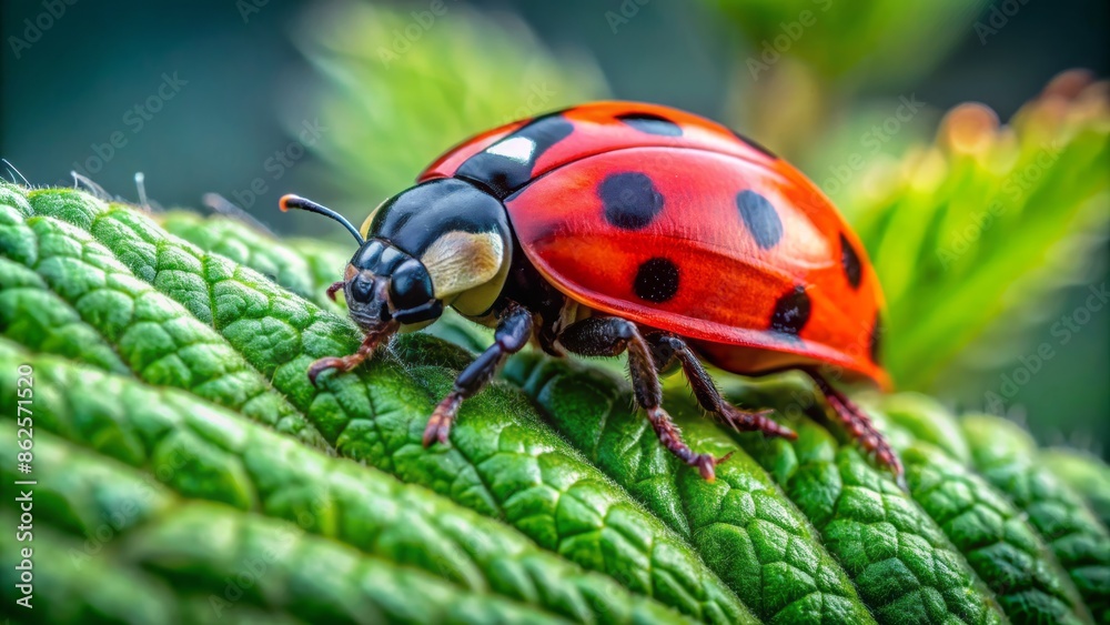 Fototapeta premium A vibrant red and black ladybug, also known as Marienk?fer, perches on a delicate green leaf surrounded by lush flora.