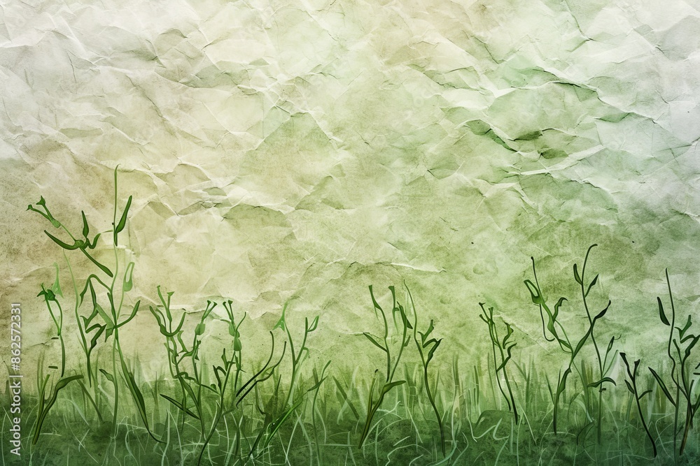 Fototapeta premium Watercolor landscape with a green grass field and blurred trees,