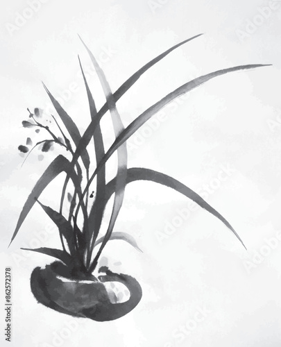 ink brushstroke painting grass leaves in a vase, monochrome on white background