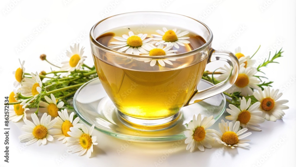 Serene glass of chilled chamomile tea adorned with delicate flowers isolated on white background, evoking feelings of relaxation and calmness. Serene glass of chilled chamomile tea adorned with delicate flowers isolated on white background, evoking feelings of relaxation and calmness.