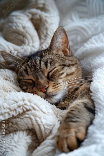 Cozy tabby cat sleeping in soft white blanket