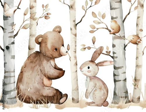 Forest Animals and Trees Watercolor Set, bear, squirrel, sparrow, fox, rabbit, snail, hedgehog, Christmas tree, stump, for nursery, wallpaper, wall decor, stickers photo